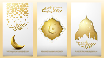 Ramadan Kareem greeting card arabic calligraphy and geometric crescent moon pattern and mosque illustration