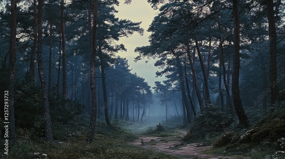 Poster misty forest path surrounded by tall slender trees