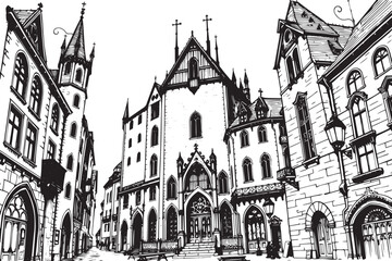 Gothic City landscape. Line urban backdrop. Different buildings on street, outline cityscape hand sketch, flat houses. Hand drawn vector illustration