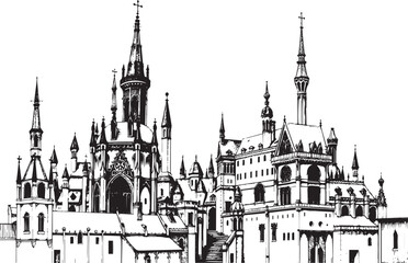 Gothic City landscape. Line urban backdrop. Different buildings on street, outline cityscape hand sketch, flat houses. Hand drawn vector illustration