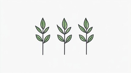 Fototapeta premium Three stylized green plants with distinct leaves arranged in a row on a white background, representing nature and growth.