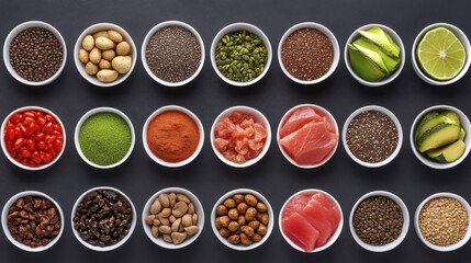 Healthy ingredients arranged in bowls, including seeds, nuts, and fish