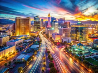 Double exposure drone captures Las Vegas: daytime cityscape and dazzling Strip aerial blend seamlessly.