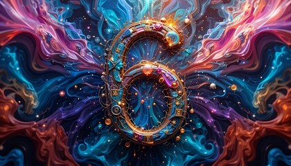 Intricate Ornate Number Six in a Cosmic Nebula of Vibrant Colors