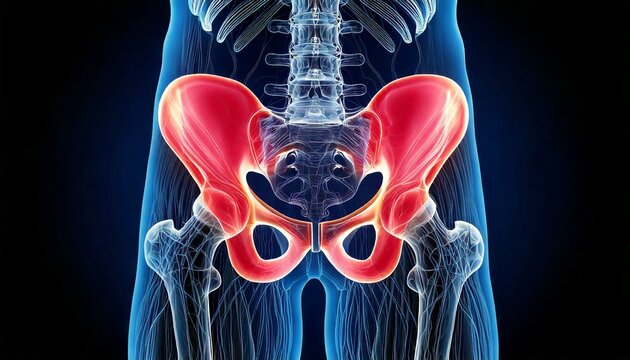 Ilustra&ccedil;&atilde;o em 3D do esqueleto do sacro e do quadril: osteopatia e anatomia.