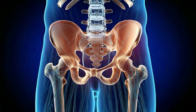 Illustration 3D du squelette du sacrum et de la hanche : ost&eacute;opathie et anatomie.