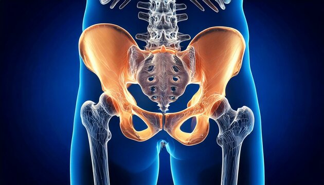 Illustrazione 3D dello scheletro sacrale e dell'anca: osteopatia e anatomia.