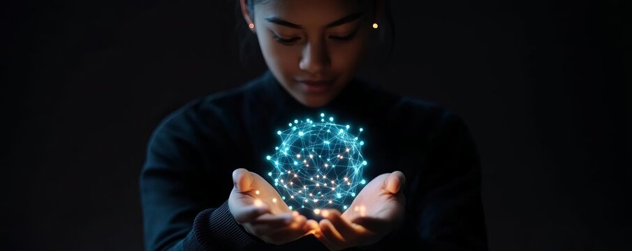 Conceptual futuristic coder, manipulating glowing web elements with their hands