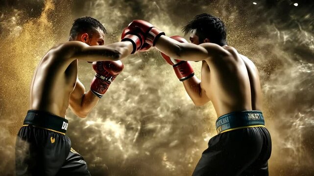 Intense boxing match between two athletes in a dramatic arena with a smoky backdrop and powerful lighting effects