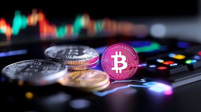 Bitcoin Coins And Charts On A Dark Background