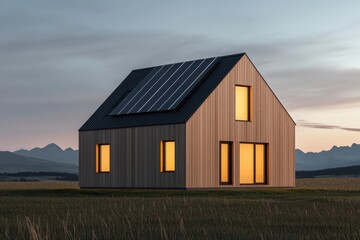 Obraz premium A modern wooden house with solar panels, illuminated windows, set against a serene landscape of mountains and grassland at dusk.