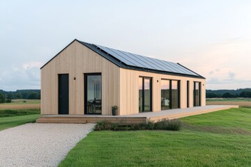 A modern wooden house with large windows and solar panels, set in a spacious green landscape.
