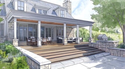 Fototapeta premium Luxury Home Exterior Design: Spacious Deck and Stonework