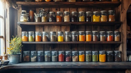 Rustic Wooden Spice Rack with Colorful Jars