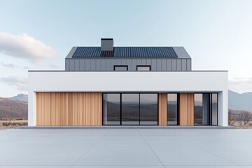 Fototapeta premium A modern house featuring a minimalist design with solar panels, large windows, and wooden elements set against a scenic backdrop.