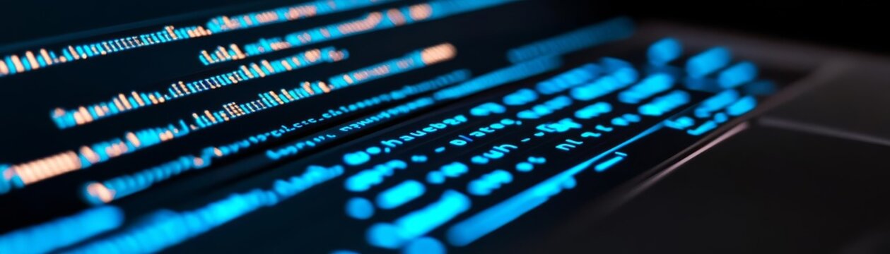 Dark-mode coding workspace, glowing blue text on a sleek black editor
