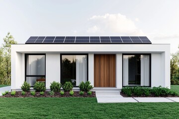A modern, eco-friendly house featuring solar panels, large windows, and a wooden door, set in a green landscape with neatly arranged plants.