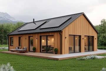Obraz premium A modern wooden house with a sleek design, featuring large windows, a deck, and solar panels, surrounded by greenery and mountains.