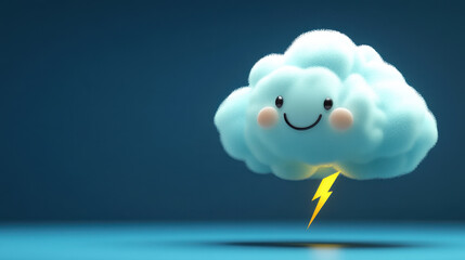 a floating 3d cloud with a cute smiley face and a yellow clay lightning strike on blue background.3d illustration.