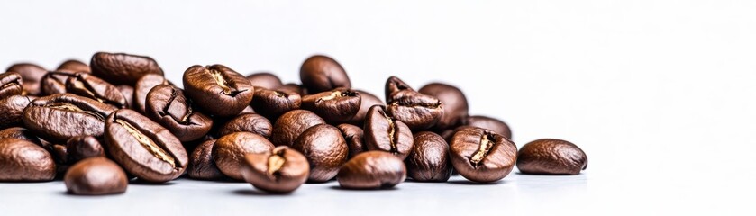 Obraz premium Roasted coffee beans arranged on a clean white background for food and beverage photography