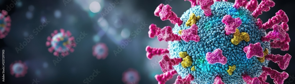 Poster 3d illustration of multiple corona virus particles in a seamless pattern on a white background