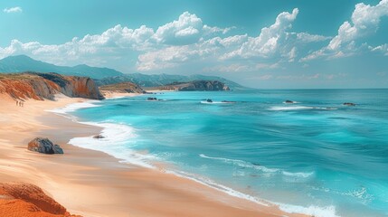 Serene beach landscape with turquoise waters, gentle waves, and distant mountains under a clear sky