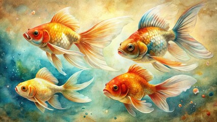 Fototapeta premium Four charming vintage watercolor goldfish, a delightful aquatic collection brimming with personality.