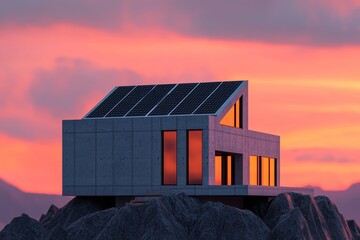 Obraz premium A modern house with solar panels stands atop a rocky outcrop, illuminated by a vibrant sunset sky, showcasing sustainable architecture in a breathtaking landscape.