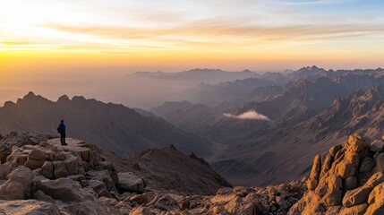 Obraz premium Stunning sunrise view from a mountain peak with a lone hiker overlooking vast landscapes