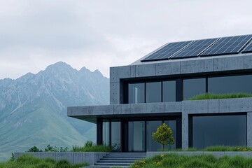 Obraz premium A modern house with solar panels set against a backdrop of mountains and lush greenery, showcasing a blend of contemporary architecture and nature.