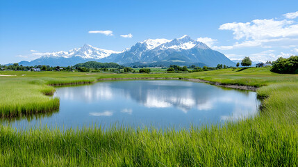 Alpine lake reflection, sunny day, meadow, mountains