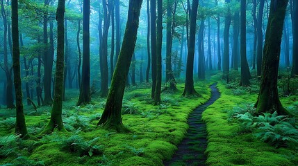 Obraz premium Mystical Forest Path: A Lush Green Landscape Photography AI Generated