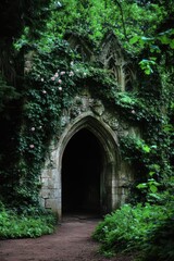 Obraz premium A beautifully crafted archway in botanical garden, covered with blooming roses and ivy, creating fairy-tale-like entrance