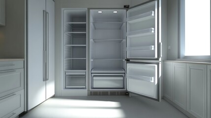 Empty modern kitchen refrigerator, sunlight, clean design, home appliance, interior