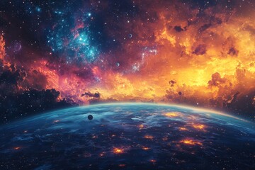 Fototapeta premium A colorful representation of Earth and its connection to the cosmos, with orbiting satellites and a galaxy in the background. Generative AI