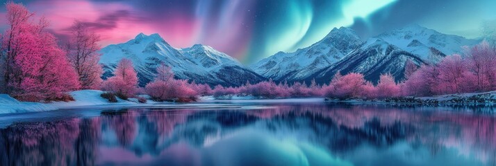Pink Trees Reflecting In A Calm Winter Lake Under Aurora Borealis