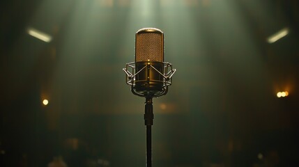 Vintage microphone on stand, stage, spotlight, performance background