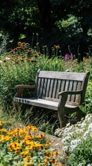 Obraz premium A charming wooden bench in botanical garden, surrounded by wildflowers and tall grass, creating peaceful resting spot