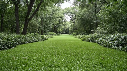 Fototapeta premium Lush green park path, trees, overcast sky, tranquil scene, ideal for relaxation