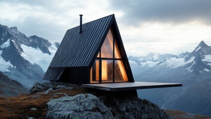 modern house with a triangular roof among snowy mountains