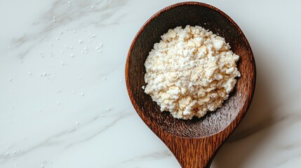 Wooden spoon holding ground cereal on marble surface