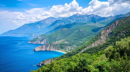 Verdant mountains with the sea sparkling in the sunlight and a bright, sunny sky overhead. 