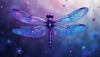 A Stunning Purple Dragonfly with Sparkling Wings in a Dreamlike Fantasy Setting