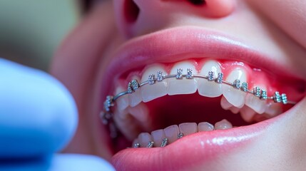 A close-up of a person"s mouth showing dental braces and a blue-gloved hand, indicating an orthodontic examination or adjustment.