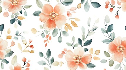 Elegant Watercolor Floral Pattern: Peach Blossoms and Greenery