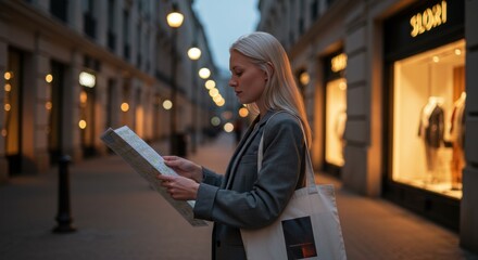 Fototapeta premium Woman Exploring City Street at Night with Map