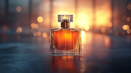 Luxurious Amber Perfume Bottle Golden Sunset Bokeh Background Elegant Fragrance Product