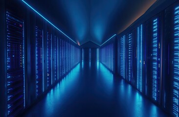 Server room corridor lit with blue neon lights