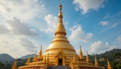 Magnificent Golden Pagoda in Thailand: A Stunning Architectural Marvel Against a Blue Sky