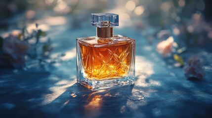 Luxurious Amber Perfume Bottle on Dark Blue Surface with Flowers Elegant Fragrance